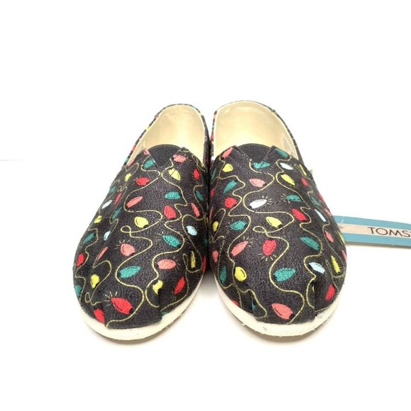 TOMS Christmas Women’s Forged Iron Tree Lights Print Holiday Flat Shoes Size 6.5 - Picture 2 of 5